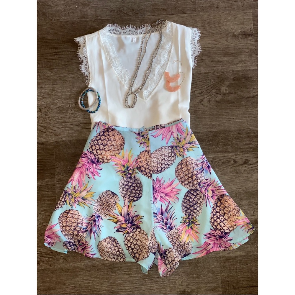 High-Waisted Flowing Pineapple Print Shorts